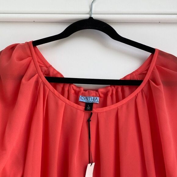 Cynthia Rowley Pleated Short Sleeve Chiffon Tie Neck Dressy Blouse Coral Large - Picture 3 of 12